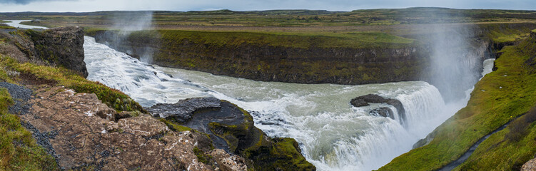 Picturesque full of water big waterfall Gullfoss autumn view, southwest Iceland.