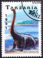 TANZANIA - CIRCA 1991: a stamp printed in Tanzania shows dinosaur Diplodocus, circa 1991