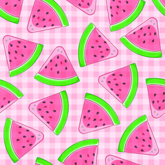 Watermelon seamless pattern. Juicy translucent lollipop slices on pink checkered background. Tasty fruit fabric and wrapping paper print. Kawaii vector illustration