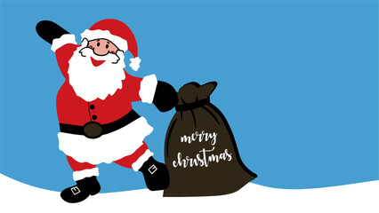 Santa Claus pulls a big bag with Merry Christmas text. Happy Santa vector character illustration for greeting cards, banners. Background color is changeable. Copy space.