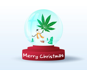 Glass snowglobe Merry Christmas with marihuana inside. Cannabis leaf in hand of a snowman inside the glass snow globe. Snowing, gifts and new year trees in a glass ball on a light background.