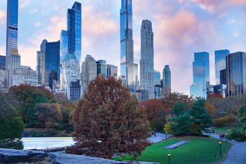 Manhattan skyline, looking south-west from Central Park, with tall narrow skyscrapers on Billionaires' Row