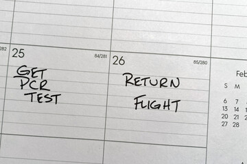 Calendar reminder to get COVID-19 PCR test 24 hours before returning to the United States after international travel.