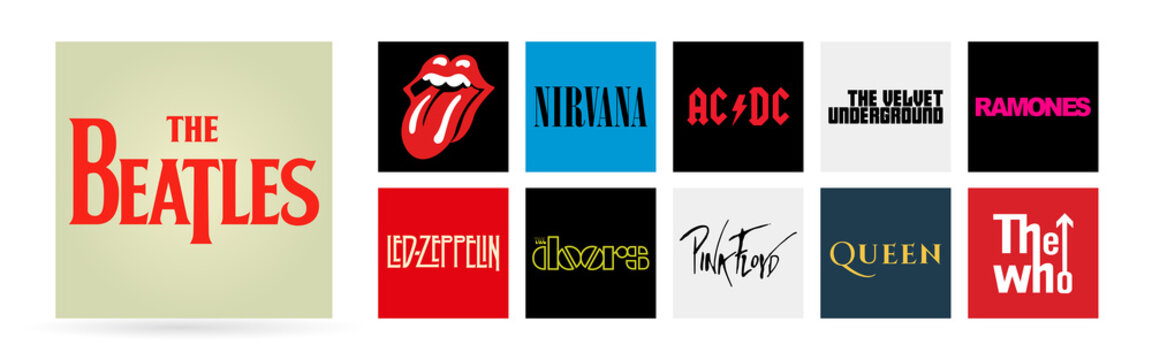 Logos of the most famous music bands in the world, vector editorial illustration