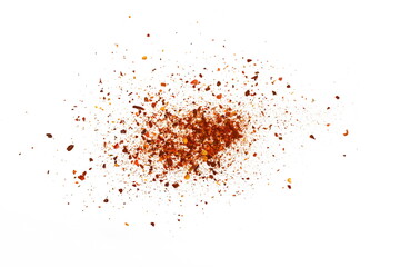 Red Hot Cayenne pepper isolated. Pile crushed red cayenne pepper, dried chili flakes and seeds...