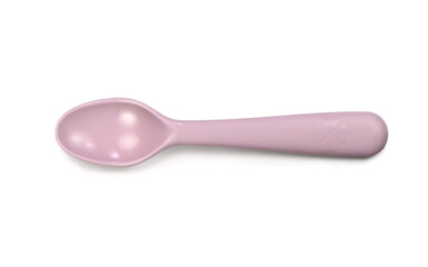 Pink plastic spoon isolated on white background . Baby spoon.