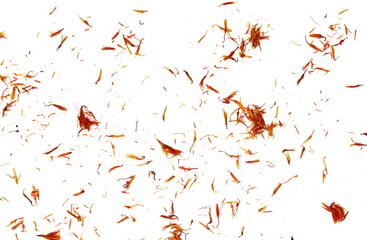 Saffron spice threads. Heap of saffron threads isolated on white. 