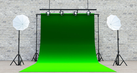 Fototapeta premium Photo studio green background with soft box light, Photo studio with modern interior and lighting equipment, 3D render
