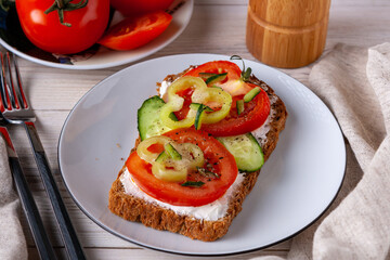 sandwich with cheese, tomato, cucumber and pepper on a white plate