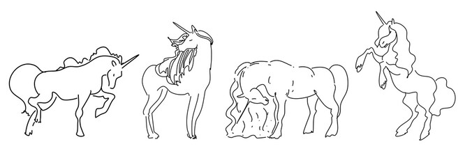 Unicorn linear set hand drawn, magic, unicorn doodles