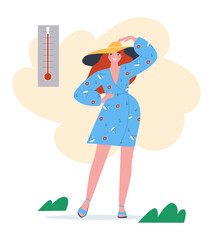 A beautiful girl in a dress and hat looks at the thermometer outside the high temperature and heat. Flat vector illustration