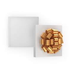 Open blank, empty gift box with gold bow, top view. Isolated on white. 3d rendering..