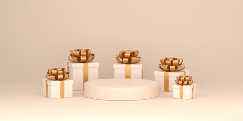 Podium and gift box minimal background. Concept for product visualization. Pedestal, stand with present, banner, pastel colored. 3d rendering..