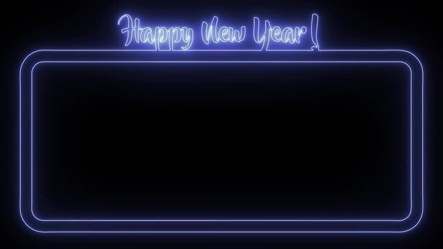 Colorful neon square screen frame with happy new year lettering. Fluorescent luminous line. Abstract background, looped new year animation on black background for chrome key.