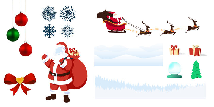 New year vector set. Icons for Christmas image decoration. Santa Claus, snowflakes, Christmas tree, ribbon