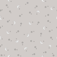  Stars and Moon Pattern. Baby's Seamless Pattern with Smiling Slipping Moon and Stars on Pastel Brown Background.