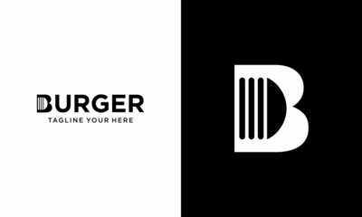 letter b and burger logo design vector template. on a black and white background.