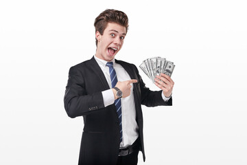 Happy businessman showing money banknotes