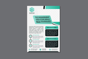 the management execution skills with technology flyer template design. vertical banner with grey background. curve border shape for space of photo collage. gradient green elements design.