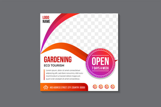 gardening, outdoor tourism banner template design. square layout design template with white background. curve border shape for space of photo collage. orange and pink gradient elements design.