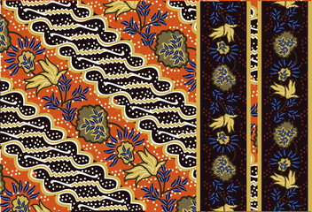 Indonesian batik motif with a very distinctive plant pattern. Exclusive vector for design - obrazy, fototapety, plakaty