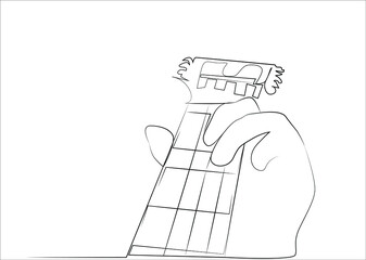 A simple drawing of a human playing the guitar showing only his hand and guitar strings. music guitar background design.