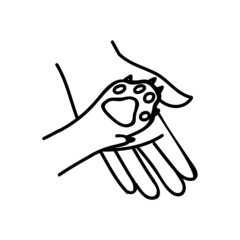 Animal care icon. Dog paw and human palm. Hand drawn vector illustration.