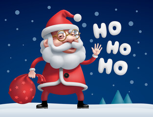 Vector cartoon Santa Claus standing with bag of gifts and Ho-Ho-Ho lettering isolated on dark background