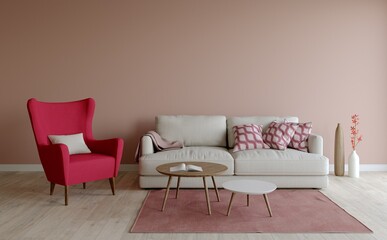 3D interior design of a bright living room.