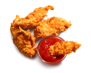 Tasty deep fried chicken wings with tomato sauce on white background