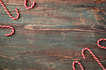 group of candy cane on rustic table top view background
