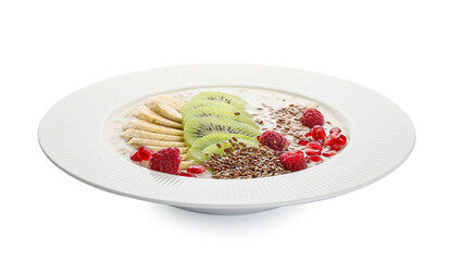 Tasty yoghurt with fruits and flax seeds in bowl on white background