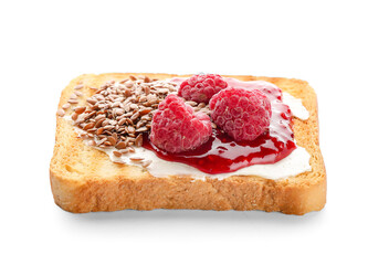 Tasty sandwich with raspberry and flax seeds on white background