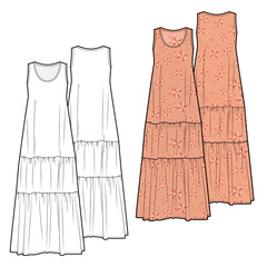 Women's tiered maxi print dress  fashion vector sketch, Apparel template