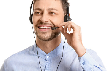 Consultant of call center in headset on white background