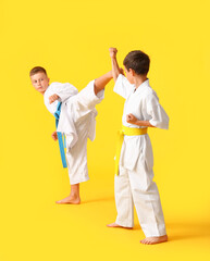 Little boys practicing karate on color background