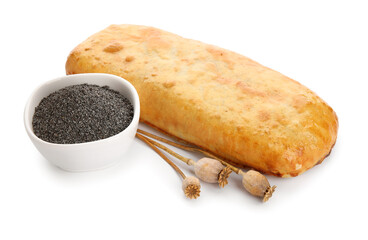 Tasty poppy seed strudel on white background