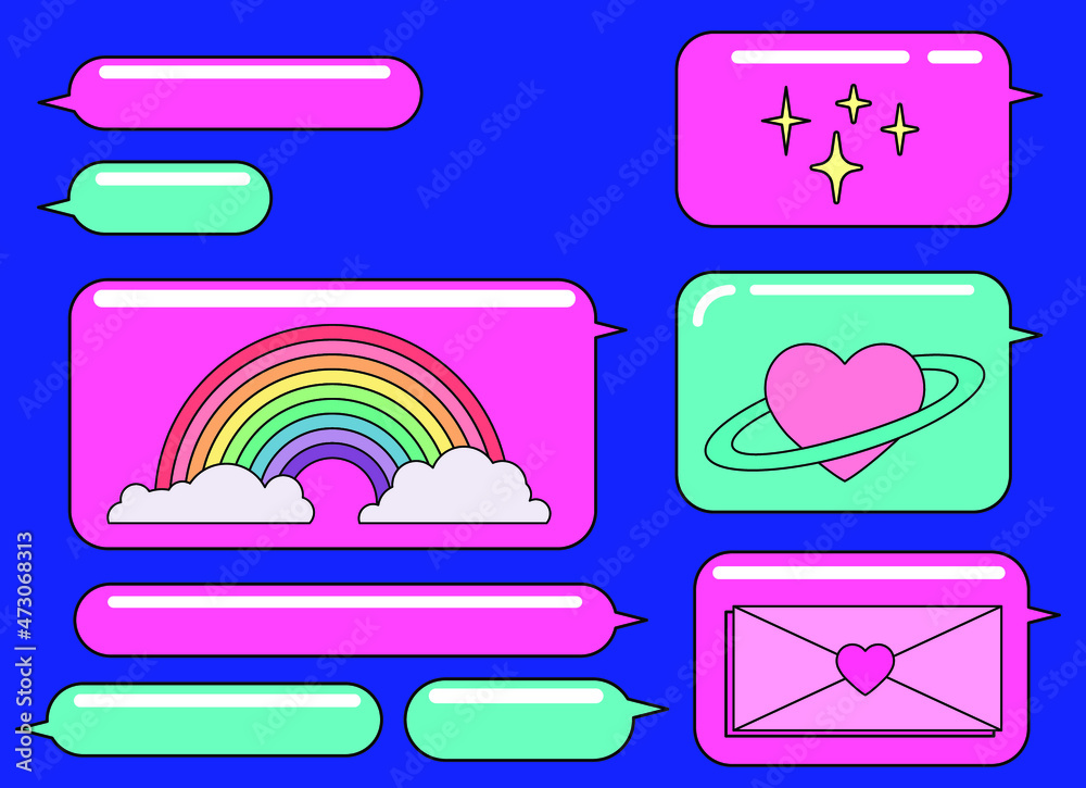 Poster message speech bubbles icon set. messenger chat with emojis and stickers. vaporwave cute retro style