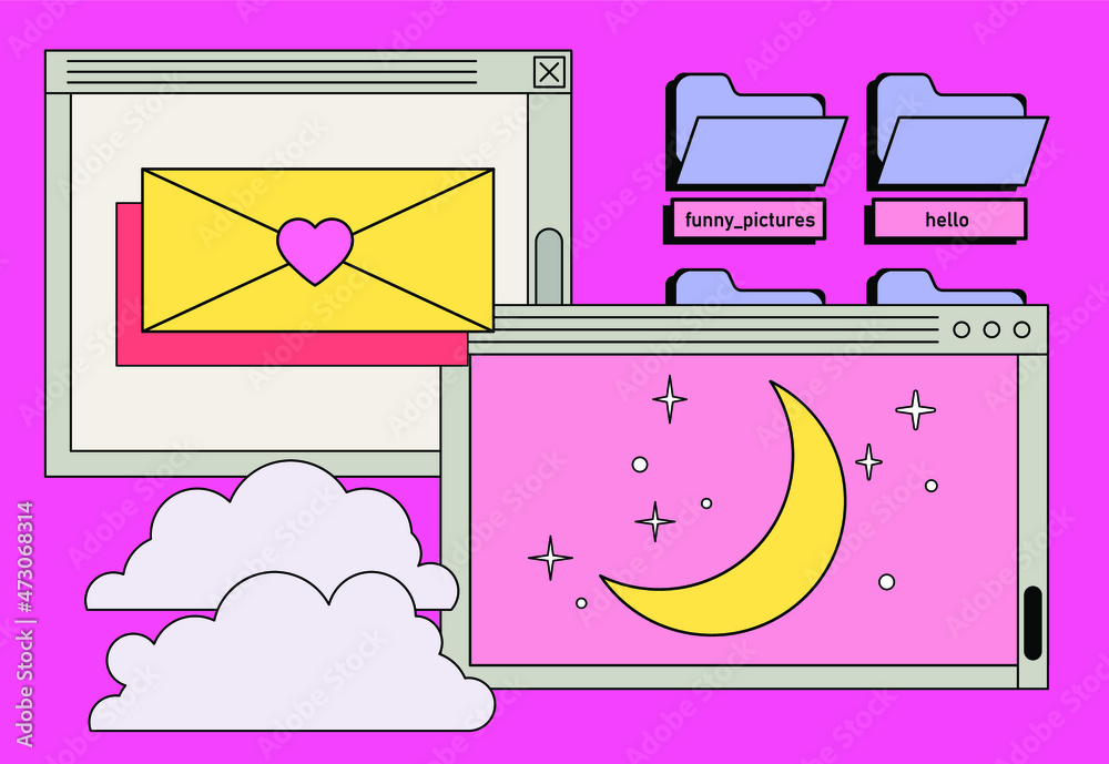 Poster Retro cartoon style desktop with user interface elements. Cute vaporwave vector illustration.