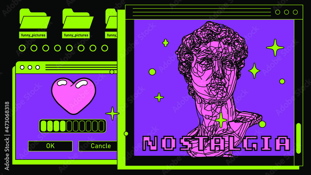 Poster Retro computer interface with many open tabs and window boxes and 3D low poly model of bust sculpture. Vaporwave style vector illustration.