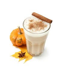 Glass of tasty pumpkin latte on white background