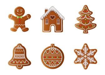 set of isolated christmas gingerbreads. collection of gingerbread cookies - obrazy, fototapety, plakaty