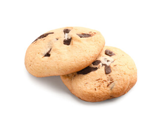 Tasty homemade cookies with chocolate chips on white background