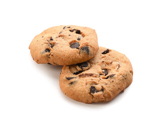 Tasty homemade cookies with chocolate chips on white background