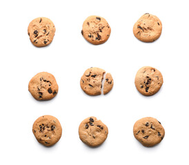 Delicious homemade cookies with chocolate chips on white background