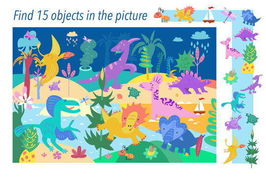 Find 15 hidden objects in picture. Dinosaurs in Jurassic Park. Vector color illustration. Activity childrens game.