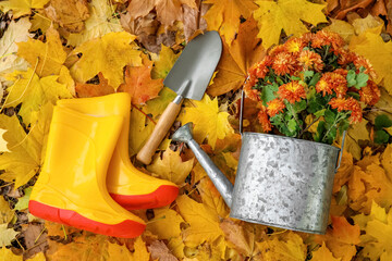 Watering can, shovel and gumboots in autumn park