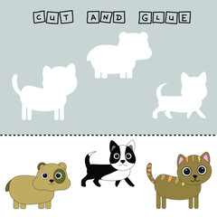 worksheet vector design, the task is to cut and glue a piece on colorful  hamstaer,dog,cat. Logic game for children.