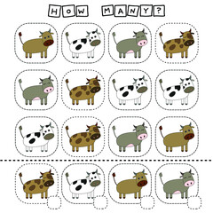 How many counting game with funny cows. Worksheet for preschool kids, kids activity sheet, printable worksheet