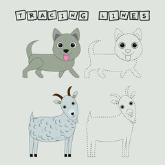 Developing an activity for children, the tracing  the lines of cute pets. Logic game for children.

